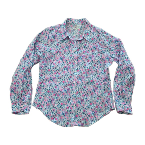 Lilly Pulitzer Tops - Lilly Pulitzer Sea View Linen Button Down Shirt XL Hottie Dottie Pink Blue